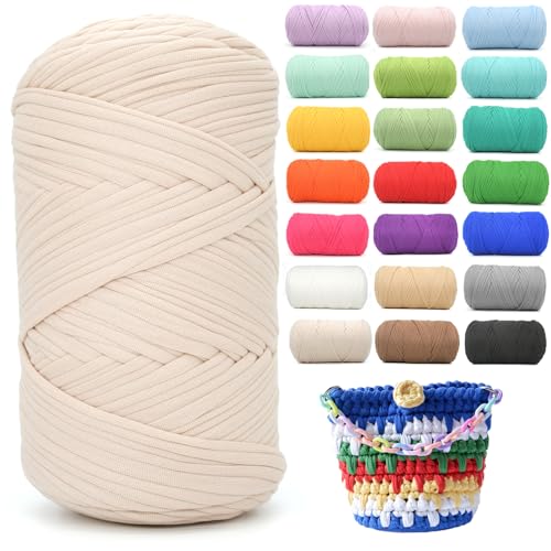 400g Tshirt Yarn for Crochet,Beige T Shirt Soft Elastic Fabric Chunky Thick T-Shirt Crochet Yarn for Crocheting Knitting Beginner Hand Knitting for Bag/DIY Craft/Home Decor-Beige - color: Beige, size: 1 PACK