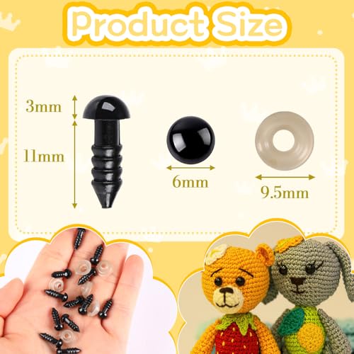 UPINS 600pcs 6mm Black Safety Eyes with Washers for Amigurumi Crochet Dolls | 6mm Plastic Craft Eyes with Washers, Amigurumi Doll, Stuffed Animal, DIY Crafts Making Supplies - size: 6MM