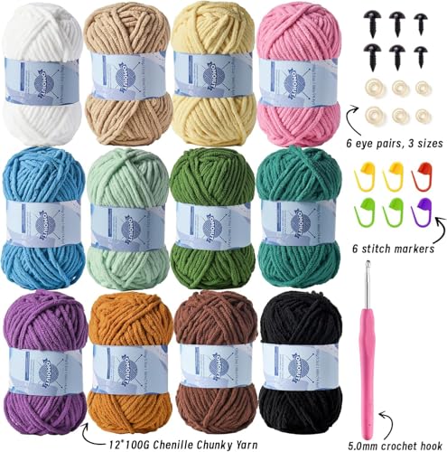 12 Pack Fluff Chenille Chunky Yarn for Crocheting Premier Puzzle - Velvet Baby Crochet Yarn with Black White Purple Pink Blue Coffee Red Premier Khaki Yellow Amigurumi Yarns Set B - color: 12 B