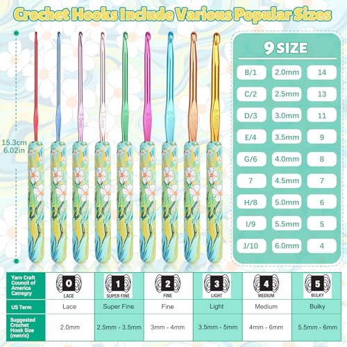 Coopay Warm Crochet Hooks Comfort Grip Longer Aluminum Crochet Hook Set | 9pcs 2.0mm-6.0mm(B-J) Smooth Crochets Needles Set for Crocheting, Green Daisy Soft Handle for Beginners and Arthritic Gifts - color: Green Daisy