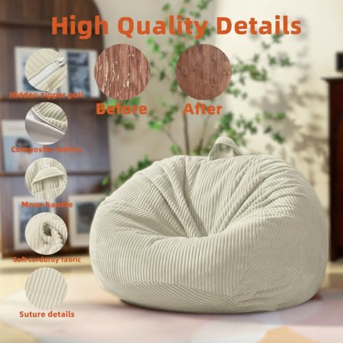 ZhenLives Stuffed Animal Storage Bean Bag Chair Cover, Cover Only (No Filler), Corduroy Toy Organizer Floor Cushion Seat, 48 in/120 cm Slipcover for Teens & Adults, White - color: Ivory White, size: Adult (Cover Only）