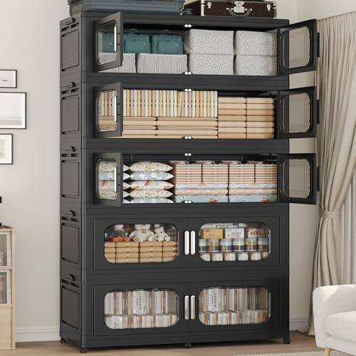 250Gal Extra Large Stackable Storage Bins with Lid & Wheels & Doors, 200QT/50GAL 5-Tiers Collapsible Closet Organizers Plastic Containers Boxes Drawers for Home Kitchen Bedroom, Black - color: Black, size: 50Gal-5Pack