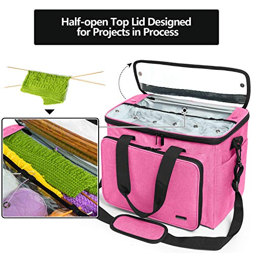 Teamoy Knitting Bag, Yarn Storage Organizer Crochet Bag Tote, Pink | Yarn Holder with Inner Divider(Sewn to Bottom) for Crochet Hook, Knitting Needles(Up to 14"), Project and Crocheting Supplies - color: Pink