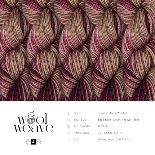 Woolweave Worsted Weight Yarn - 100% Extrafine Merino Wool Yarn for Knitting & Crocheting - Hand Dyed, Ultra-Soft & Warm - 100g Skein, 180 Yards - Machine Washable - color: Cafe Rose