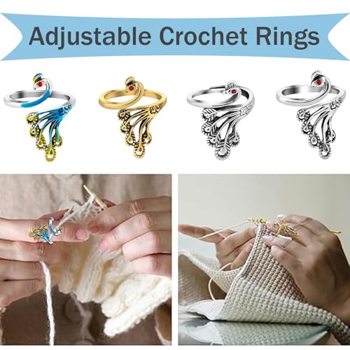 Adjustable Crochet Yarn Tension Ring for Knitting, 4 Pcs Finger Tensioner Loop Cat Peacock Ring - color: 4 Pcs Phoenix