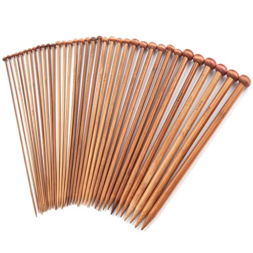 Bamboo Knitting Needles Set, Wooden Knitting Needles for Beginners, 18 Pairs US Size 0-15 (2.0-10.0mm) 14 Inch Long Straight Wood Knit Needle Single Point for Sweaters, Socks, Shawl and Scarf - color: Brown