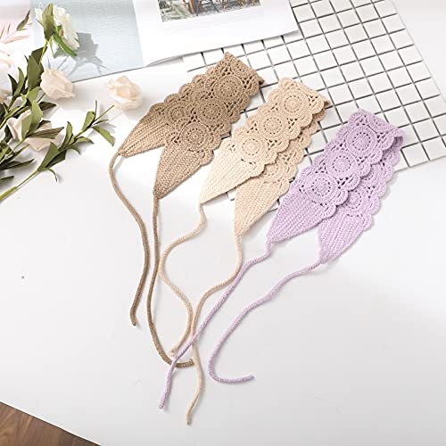 CHLINS Headband, 3PCS Crochet Hairband for Women - Floral Elastic Handmade Head Wrap Bohemian knit Headband for Women and Girls (Purple, Beige, Light coffee) | Floral Elastic Hippie Daisy Handmade Bohemian Crocheted Hairband Non Slip Knitted Head Wrap Sca