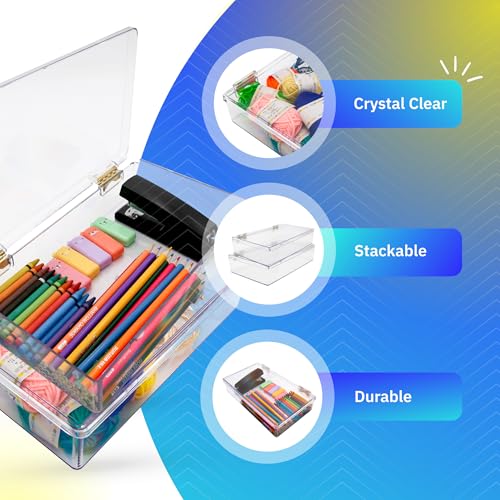 Clear Plastic Box with Hinged Lid – 10.4" x 6" x 2" Organizer Box for Crafts, Sewing Supplies, Office & School Essentials – Stackable, Durable, BPA-Free, Made in USA