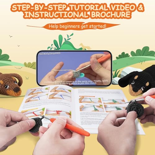 Fortuning's JDS Crochet Kit for Beginners, 2 PCS Dachshund Crochet Kits | Beginner Crochet Kit for Adults Kid w/ Step-by-Step Video Tutorials, Crochet Animal Kit, Dog Craft Knitting Kit Crochet Gifts - color: Brown Black Dachshund Set