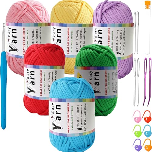 Beginner Easy Yarn Kit for Knitting,Crocheting; Worsted Weight Medium #4; Cotton Blend Yarn for Amigurumi with Tools (Colorful Life, 6 Skein) - color: Colorful Life