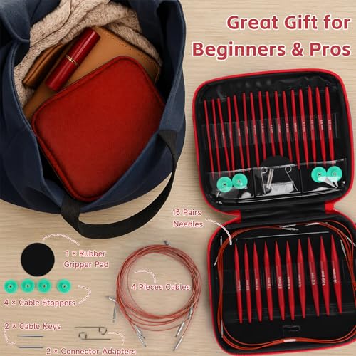Interchangeable Circular Knitting Needles Set, 13 Pairs (26pcs) Matte Red Aluminum Knitting Needles Kit, Sizes 3.0mm–10.0mm, Knitting Needle Case & Accessories for Knitting Beginners & Advanced - color: Matte Red