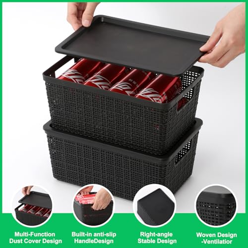 6 Pack Plastic Storage Baskets with Lid,Black Stackable Bins | Durable Woven Plastic With handle Breathable,Save space ,For Organizing Desktops, Closets, Playrooms, Classrooms, Offices - color: Black