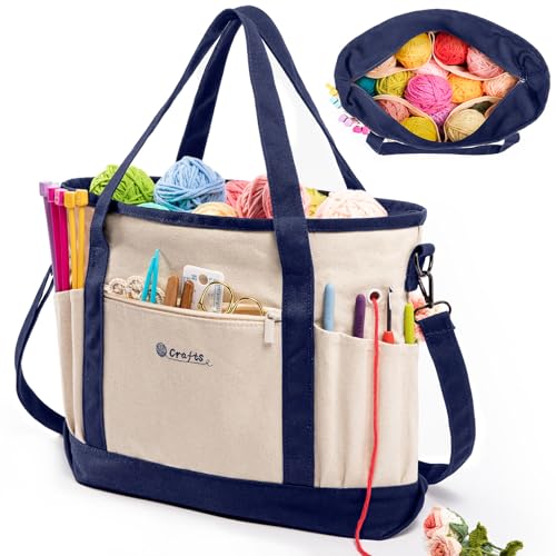 Canvas Yarn Storage Organizer Bag Washable Crochet Bag with Pockets for Yarn, Hooks, Needles – Travel Knitting Tote for Crafters – Gift for Crocheters & Knitters (Medium/Large) - color: Navy, size: Large-15”