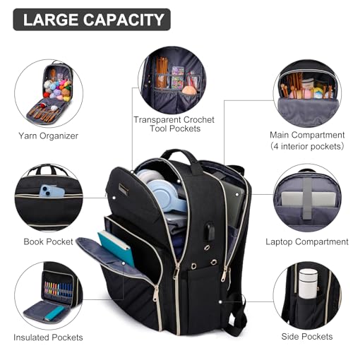 Liokesa Knitting Bag Backpack, Crochet Bag Tote, Large Yarn Storage Tote Bag with USB Charging Port, Mothers Day Gifts Yarn Holder Case for Carrying Projects, Knitting Needles, Yarn Supplies, Black - color: Black