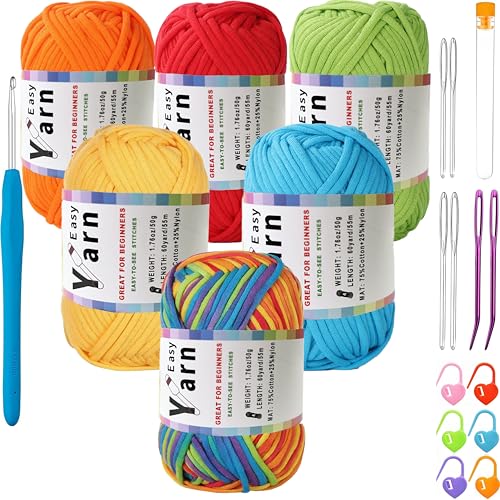 Beginner Easy Yarn Kit for Knitting,Crocheting; Worsted Weight Medium #4; Cotton Blend Yarn for Amigurumi with Tools (Urban Neon, 6 Skein) - color: Urban Neon