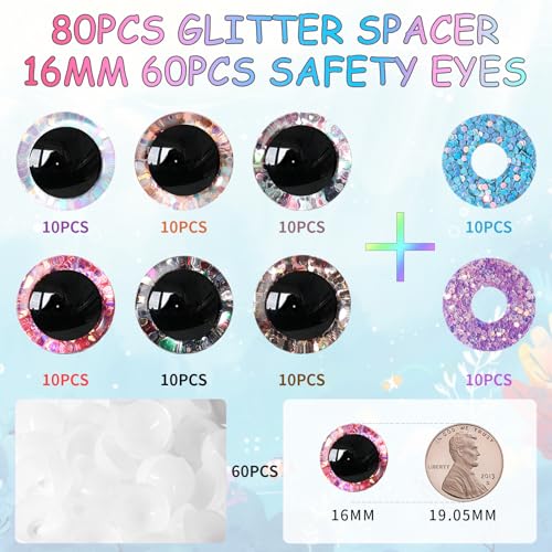 MUCUNNIA 120Pcs 16mm Safety Eyes for Crocheting Mermaid Amigurumi Eyes for Crochet Animals Crochet Doll Craft Eyes with Washers Stuffed Animal Eyes for DIY of Puppet Bear Animal Halloween Decorations - size: 16mm