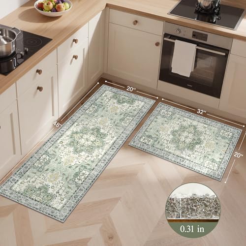 GENIMO Kitchen Rugs Set of 2, Washable Non Slip Cushioned Mats for Floor | 20"x32"&20"x48", Green vintage boho rug, soft faux cashmere, low pile, easy-clean for laundry, entryway, sink, farmhouse - color: Light Green, size: 20"x32"+20"x48"