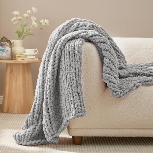 Chenille Chunky Knit Throw Blanket for Couch 50"x60", Light Grey | Handmade Chenille Crochet Throw for Sofa Bed, Thick Cable Knitted Blankets for Room Home Decor, Birthday Gift for Women - color: Light Grey, size: 50"x60"