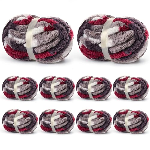 10 Pack Jumbo Chunky Yarn for Hand Knitting, Fluffy Variegated Chunky Chenille Yarn for Crocheting, 240yds/70.5oz Super Bulky Soft Crochet Baby Blanket Yarn(White-Grey-Wine Red) - color: White-Grey-Wine Red