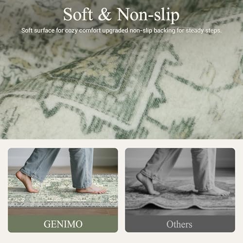 GENIMO Kitchen Rugs Set of 2, Washable Non Slip Cushioned Mats for Floor | 20"x32"&20"x59", Green vintage boho rug, soft faux cashmere, low pile, easy-clean for laundry, entryway, sink, farmhouse - color: Light Green, size: 20"x32"+20"x59"