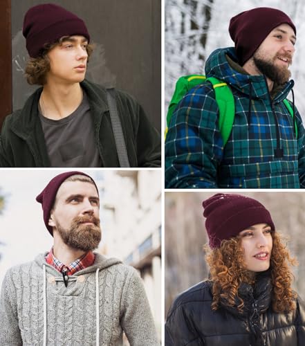 100% Cotton Beanie Hat Winter Hats Women Men Warm Knit Beanies | Double Layer Warmth ,Ultra-Soft Itch-Free Pure Cotton Knitted, Cuffed & Uncuffed Fisherman Slouchy Skull Cap for Womens Mens - color: 1pcs Wine Red