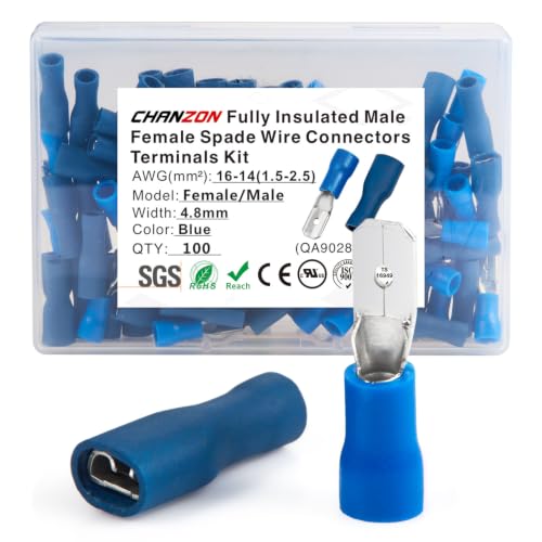 Chanzon 100pcs 3/16" Male & Female Spade Connector Semi-Insulated PVC Blue | UL Recognized - 14 15 16 awg Gauge Quick Disconnect Wire Crimp Terminal 4.8 x 0.8 mm - size: 4.8mm Male & Female Spade, style: 16-14AWG