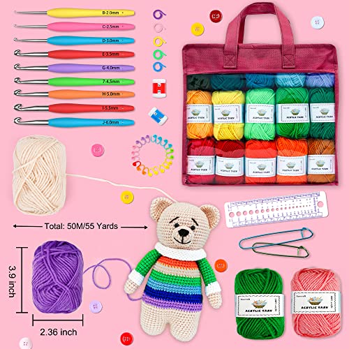 INSCRAFT Crochet Yarn Kit for Beginners Adults, Includes 1650 Yards 30 Colors Acrylic Skeins, User Manual, Hooks, Wine Bag etc, Make Amigurumi & Projects, Starter Set Professionals - color: Wine
