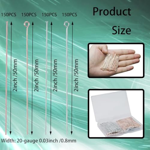 600 Pieces 2 Inch Flat Head Pins Eye Pins for Jewelry Making DIY, Straight Pins Rose Gold and White K Jewelry Making Pins Metal End Headpins for Craft Earring Bracelet Necklace Pendant Supplies - color: Rose Gold+White K, size: 2 Inch (Flat Head + Eye)