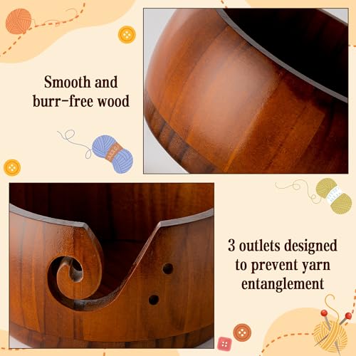 WATINC Wooden Yarn Bowl Holder Set - Large Crochet Yarn Storage Bowls with 9pcs Metal Knitting Hooks, Adjustable Loop Ring Stitch Markers with Box Crochet Gifts for Knitters Crocheters (Dark Brown - color: Dark Brown