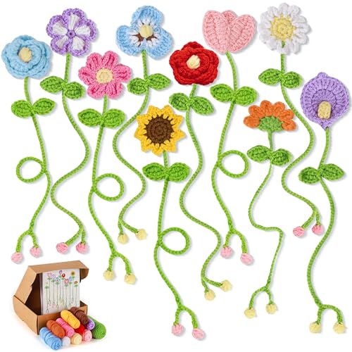 Joyclub Crochet Kit for Beginners 10 Flower Bookmarks for Adults | Flower bookmark with video and written guidance; first projects and handmade gifts for crochet starter book lovers teacher - color: Crochet Bookmark