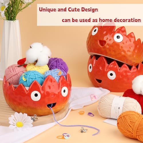 Katech Flame Yarn Bowl for Crocheting-Cute Handmade Ceramic Yarn Bowls | Crochet Bowls Knitting Bowls-Ideal & Unique Crochet Gifts for Crocheters Knitter - color: Red