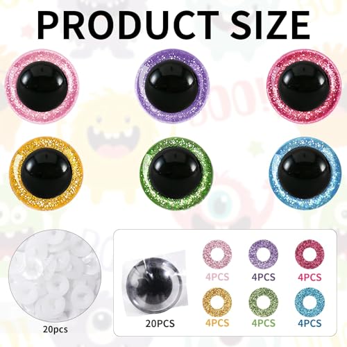 MUCUNNIA 40pcs 30mm Safety Eyes for Amigurumi Glitter Plastic Safety Eyes for Crochet with Washers Craft Crochet Eyes Doll Eyes for Crochet Animals Plush Stuffed Animals DIY Halloween Decorations - size: 30mm