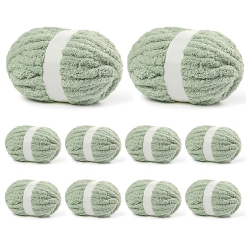 10 Pack Sage Green Fuzzy Chunky Yarn for Hand Knitting, Bulky Thick Fluffy Chenille Yarn for Crocheting, 240yds/70.5oz Jumbo Crochet Yarns, Soft Chunky Knit Blanket Yarns for Crochet - color: 10 Sage Green