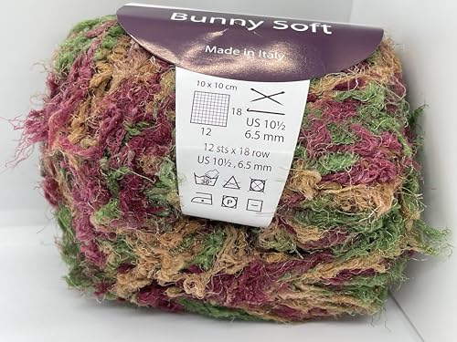 Bunny Soft #113 Fall Herbs - Red, Green, Tan Berlini Microfiber Nylon Puffy Long and Short Eyelash Novelty Yarn - 50 Grams (1.76 Ounces) 73 Meters (80 Yards)