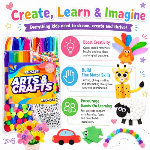 FUNZBO 1200pcs+ Craft Kits with Pipe Cleaners Pom Poms Popsicle Sticks | Arts & Crafts Supplies for Kids, Crafts for Girls Toys, Birthday Gifts for Boys & Girls Ages 4 5 6 7 8 9 -12 - size: Crafts Kit (Medium)
