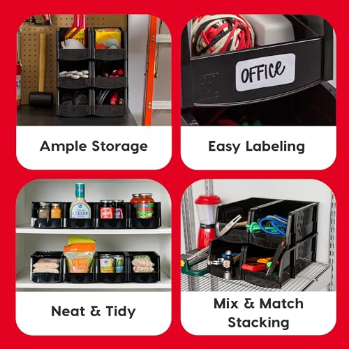IRIS USA 6-Pack, Extra Large Stackable Storage Bins, Black | Organize small parts, hardware, craft supplies, pantry items, and household essentials with open-front access, stackable bins - size: X Large - 6 Pack