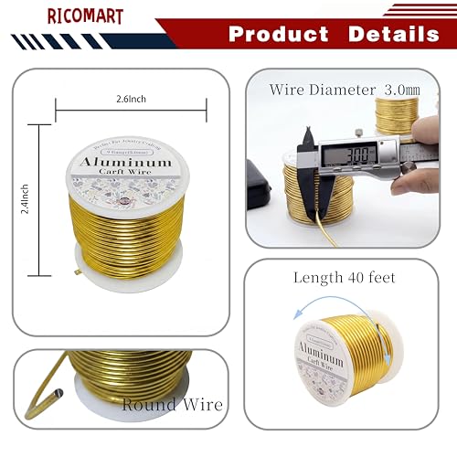 9 Gauge Aluminum Craft Wire Gold 40FT 3mm, Jewelry Making, Flexible Bendable Armature Wire for Sculpting, Floral Crafts, Metal Wire Wrapping, DIY Art Projects & Wreath Making - color: Gold, size: 9gauge
