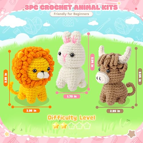 Fortuning's JDS Crochet Kit for Beginners, Amigurumi Crochet Animal Kits, Crocheting Kit for Starters Adult with Step-by-Step Video Tutorials, Animal Kits with Highland Cow, Lion, Bunny - color: Brown Orange white