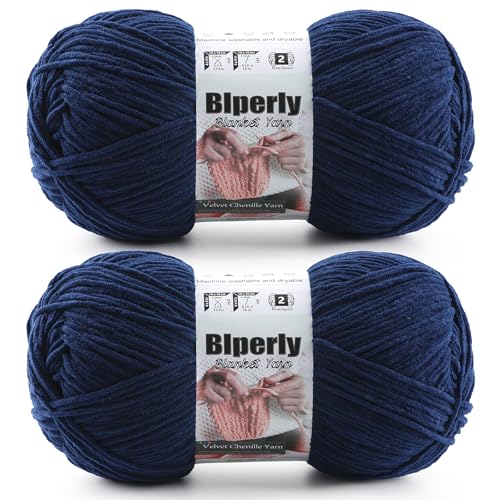 Skinny Chenille Yarn for Crocheting, #2 Blue Soft Baby Blanket Fluffy Yarn | 2 Pack of 314 Yds, 3.5 Oz Sport Fingering Weight Fine Yarn, Plush Thin Velvet Yarn for knitting Blankets, Amigurumi Yarns - color: Navy Blue