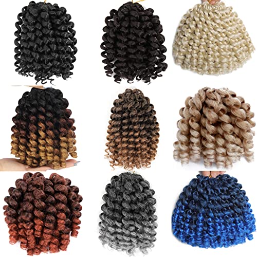Jamaican Bounce Crochet Hair Extensions 8 inch Ringlet Wand Curl Crochet Hair 3 Tone Blonde Ombre Curly Crochet Braids Grey Crochet Braiding Hair 60 Roots - color: T1/27/613, size: 8 Inch (Pack of 3)