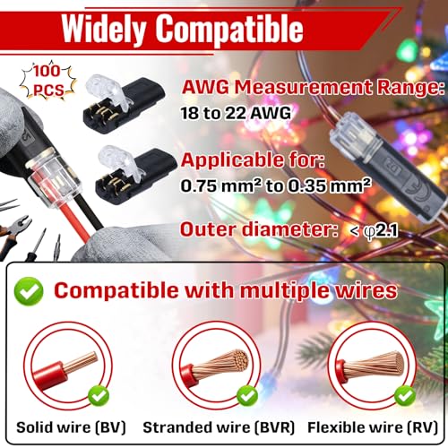 100 Pcs 2-Pin Wire Connectors, Locking Buckle, No Stripping, For LED Lights | Accepts Bare/Solid Wires, Low-Voltage DIY Use, Finger-Press Snap Closure, Steady Dual-Wire Contact