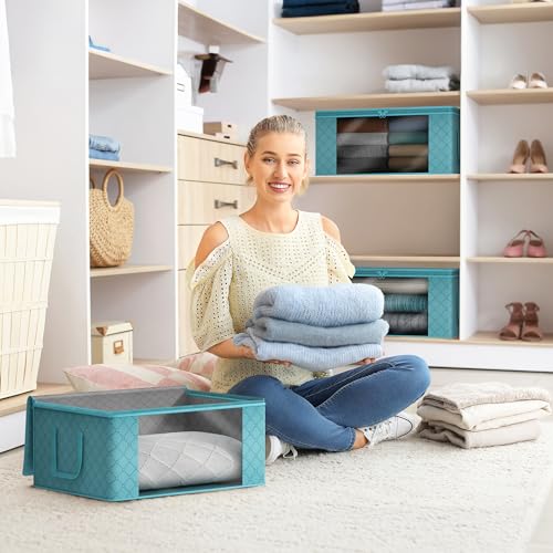 Sorbus Medium Clothes Storage Bags - Foldable Blanket Storage Bins for Organizing Bedroom, Closet, Clothing, Comforter, Organization with Clear Window, Lids and Carry Handles - Set of 8 - color: Aqua, size: 8 Pack Large