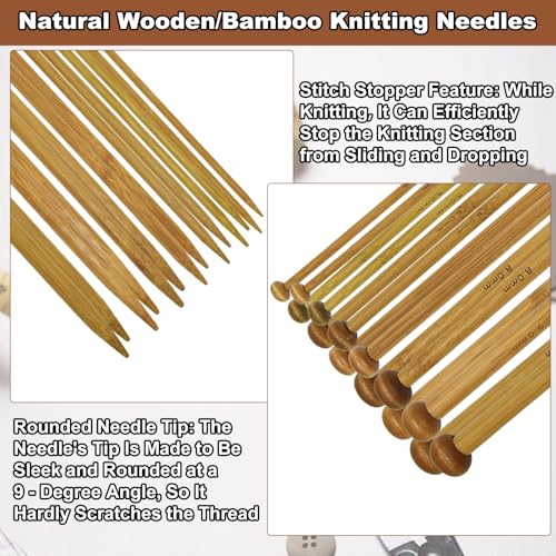 7 Pairs Bamboo Knitting Needles Set, Smooth Long Wooden Knitting Needles Single Point Straight Wood for Scarves, Blankets, Hats – Gift for Knitting Enthusiasts/Beginners - color: Single needle