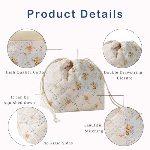 uekeboag Cotton Quilted Drawstring Makeup Bag（08Pink Flower） | Small ,Canvas Lining, Foldable Coquette Aesthetic Cute Travel Toiletry Bag,Drawstring Gift Bag for Women and Girls - color: 08Pink Flower