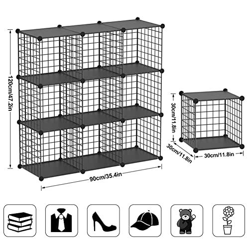 Wire Cube Storage Organizer, 9-Cube Metal Storage Shelves Bookshelf, Stackable Modular Closet Organizer for Bedroom Living Room, Office, Storage Shelves - color: Black Plus Iron, size: 9 Cubes