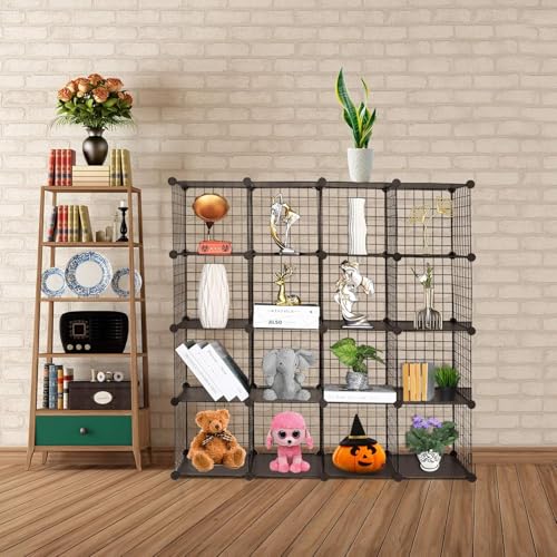 Wire Cube Storage Organizer, Metal Storage Shelves Bookshelf, Stackable Modular Closet Organizer for Bedroom Living Room, Office,Storage Shelves（16-Cube，Black） - color: Black Plus Iron, size: 16 Cubes