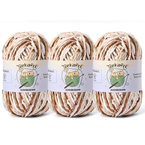 3 Pack of 300g (590yds) Fuzzy Chenille Yarn for Crocheting, Fluffy Amigurumi Crochet Yarn for DIY Craft/Hat/Clothes, Soft Velvet Baby Blanket Yarns (3 White Coffee) - color: 3 White Coffee