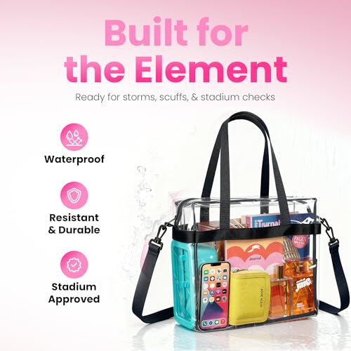 Handy Laundry Clear Bag 12x6x12 Stadium Approved Tote, Zipper Strap | PVC Clear Stadium Tote, Zipper Top, Shoulder Straps, 12x6x12 Meets Tournament Guidelines, for Concerts Work Sports - color: Black