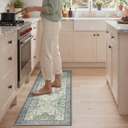 GENIMO Kitchen Rugs Set of 2, Washable Non Slip Cushioned Mats for Floor | 20"x32"&20"x48", Green vintage boho rug, soft faux cashmere, low pile, easy-clean for laundry, entryway, sink, farmhouse - color: Light Green, size: 20"x32"+20"x48"