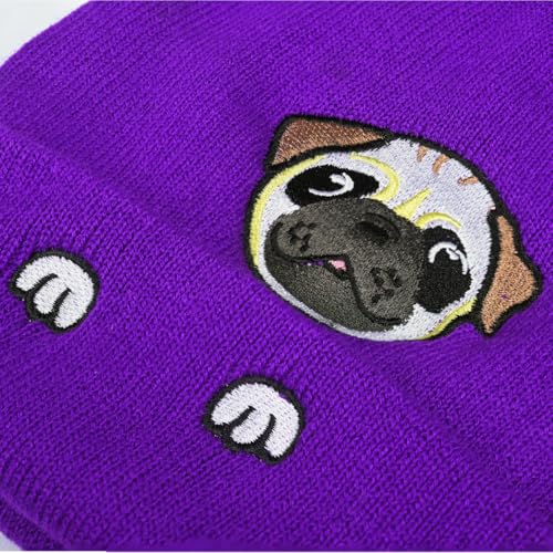 Personality Animal Head Embroidery Knit Beanie Hat for Adult and Big Kids Winter Warm Skull Cuffed Hats - color: Dog 2-purple